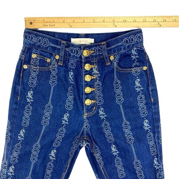 Tory Burch Jeans Womens 24 Blue Gemini Link Bloom Jacquard Rockabilly Denim Pant - Picture 9 of 16